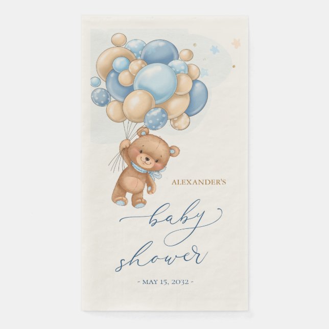 Servilleta De Papel Teddy Bear Blue Balloons Baby Shower (Anverso)
