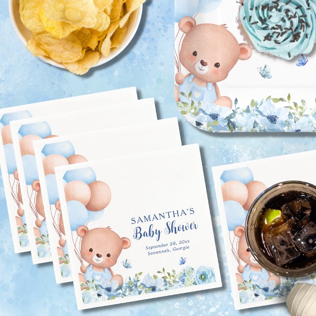 Servilleta De Papel Teddy Bear Blue Balloons Bearly Wait Baby Shower (Blue Teddy Bear Baby Shower napkin for a baby boy with wildflowers and butterflies.)