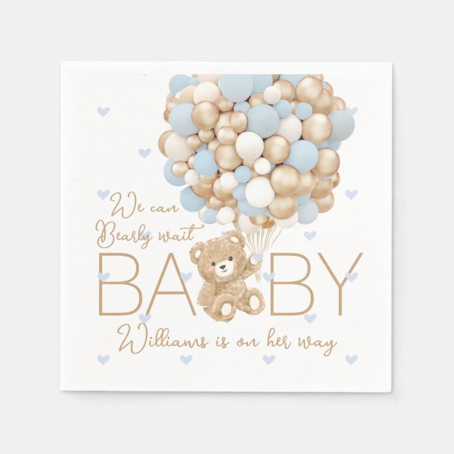 Servilleta De Papel Teddy Bear Blue Heart & Balloon Baby Boy Shower (Anverso)
