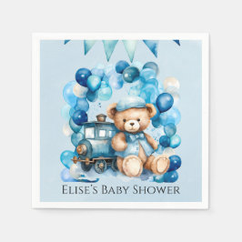 Servilleta De Papel Teddy Bear Blue Train Boy Baby Shower