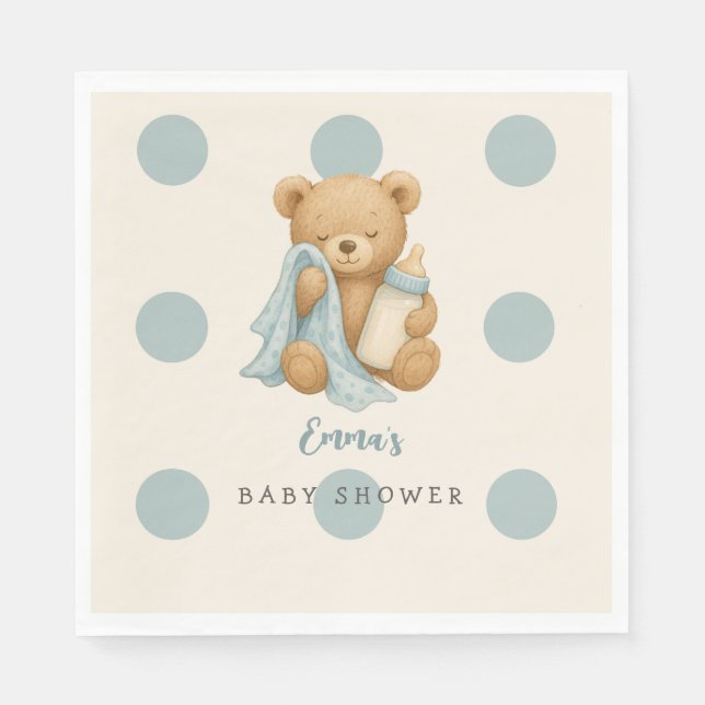 Servilleta De Papel Teddy Bear Boy Baby Shower Polka Dot Napkins (Anverso)
