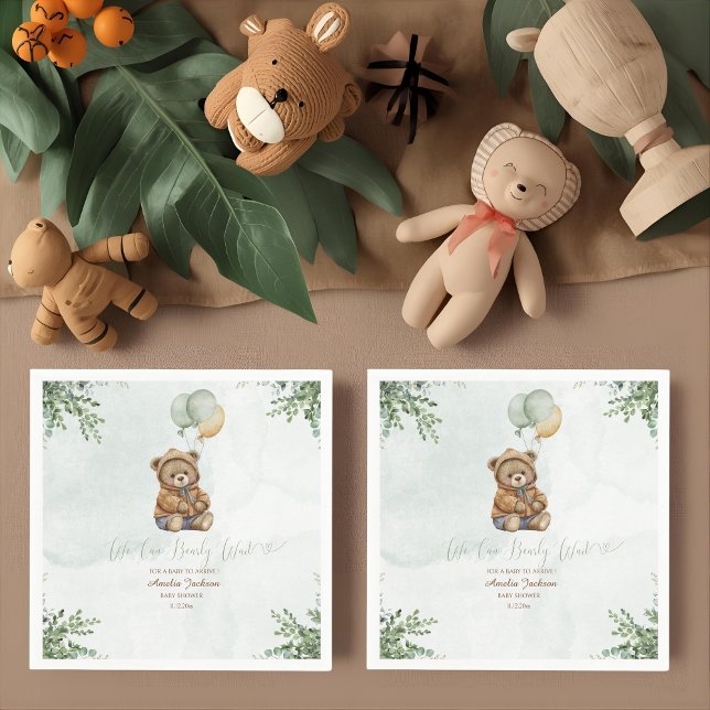 Servilleta De Papel Teddy Bear Brown Sage Green Balloons Baby (Subido por el creador)