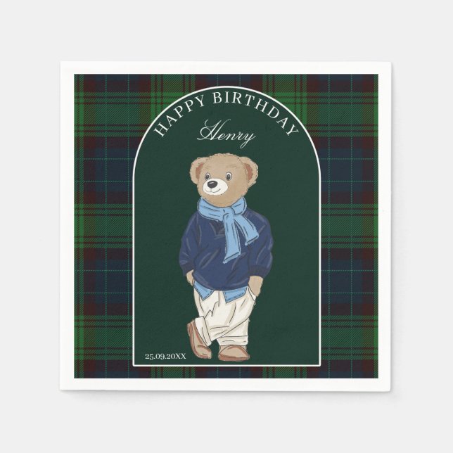 Servilleta De Papel Teddy bear classic plaid birthday party custom (Anverso)