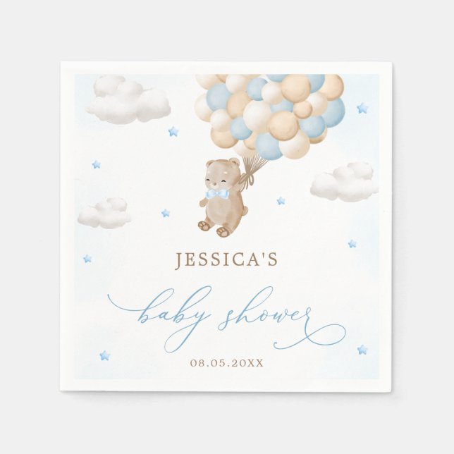 Servilleta De Papel Teddy Bear con Blue Balloons Baby Shower (Anverso)