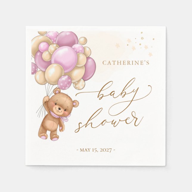 Servilleta De Papel Teddy Bear Globos rosas Napkins Baby Shower (Anverso)