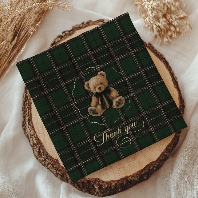 Servilleta De Papel Teddy Bear Green Tartan Baby Shower  (teddy bear napkins, green tartan baby shower, preppy baby shower, polo bear theme, classic baby show)