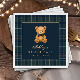 Servilleta De Papel Teddy Bear Green Tartan Baby Shower Paper Napkin