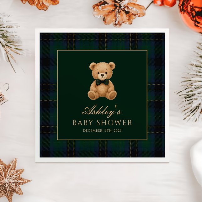 Servilleta De Papel Teddy Bear Green Tartan Baby Shower Paper Napkin (Subido por el creador)