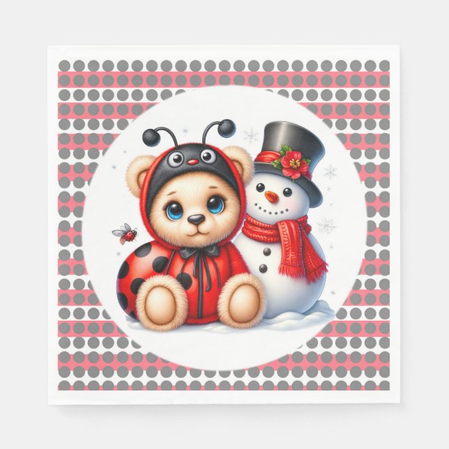 Servilleta De Papel Teddy Bear Ladybug con Snowman Baby Shower (Anverso)