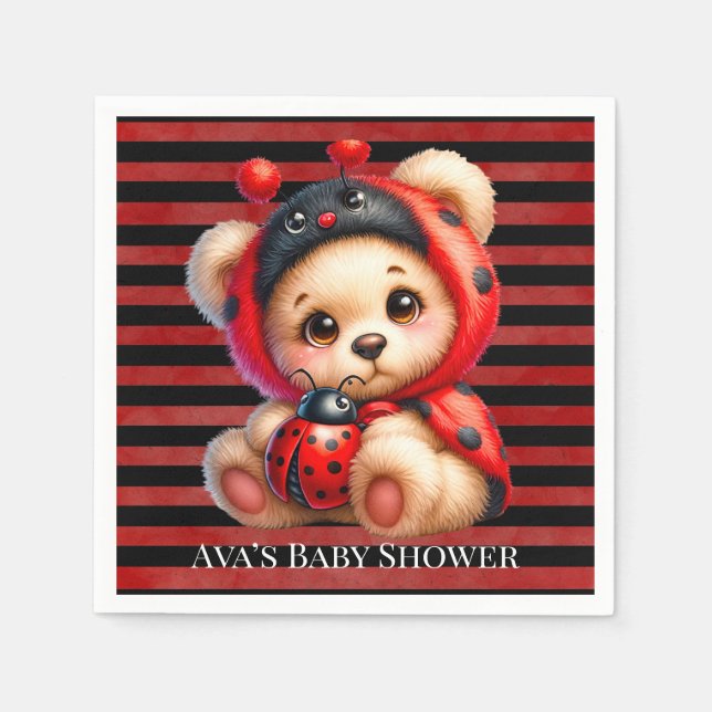 Servilleta De Papel Teddy Bear Ladybug Stripes Chica Baby Shower (Anverso)