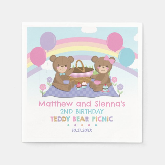Servilleta De Papel Teddy Bear Picnic Rainbow Twins Chica Cumpleaños (Anverso)