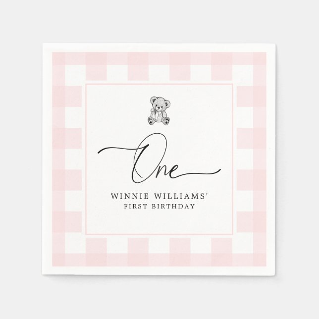 Servilleta De Papel Teddy Bear Pink Gingham Napkins (Anverso)