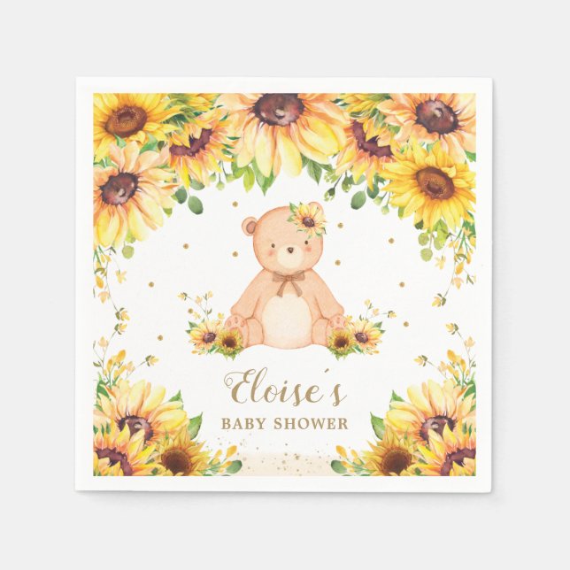 Servilleta De Papel Teddy Bear Sunflower Baby Shower Birday Party (Anverso)