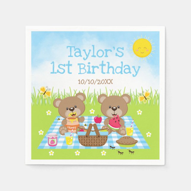 Servilleta De Papel Teddy Bears Picnic Blue Gingham Birthday Party (Anverso)