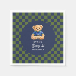 Servilleta De Papel Teddy Beary 1st Birthday Checkboard Paper Napkin