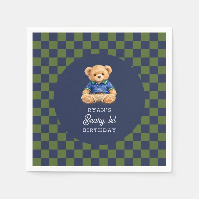 Servilleta De Papel Teddy Beary 1st Birthday Checkboard Paper Napkin (Anverso)