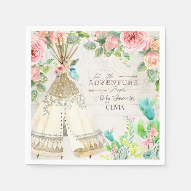 Servilleta De Papel Teepee Boho Bebé Tribal Chica Ducha Rosas Cactus (Anverso)