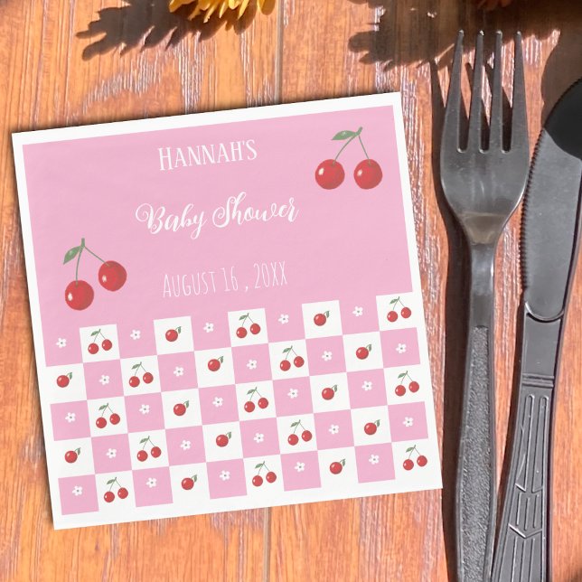 Servilleta De Papel Tema de cereza Servilletas de papel rosadas y blan (Cherry theme whimsical pink and white Gingham pattern paper napkins . )