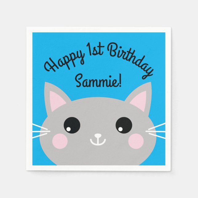 Servilleta De Papel Tema de la fiesta de cumpleaños del gato lindo Kit (Anverso)