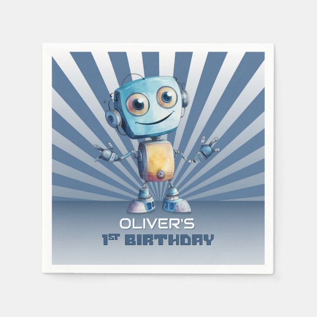 Servilleta De Papel Tema de Retro Robot Primer cumpleaños (Anverso)