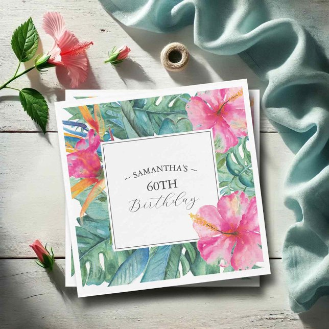 Servilleta De Papel Tema del cumpleaños 60 de Luau (luau birthday theme napkins with tropical flowers and palm leaves)