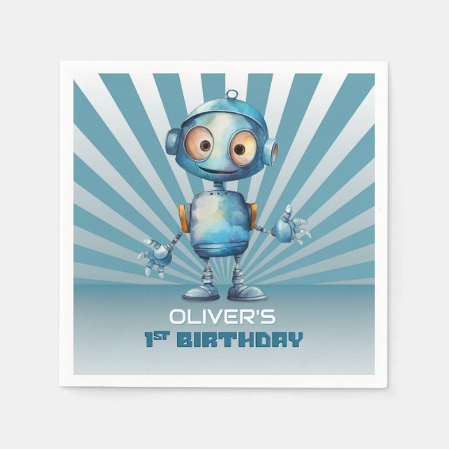 Servilleta De Papel Tema del robot azul Primer cumpleaños (Anverso)