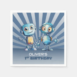 Servilleta De Papel Tema del robot azul retro Primer cumpleaños