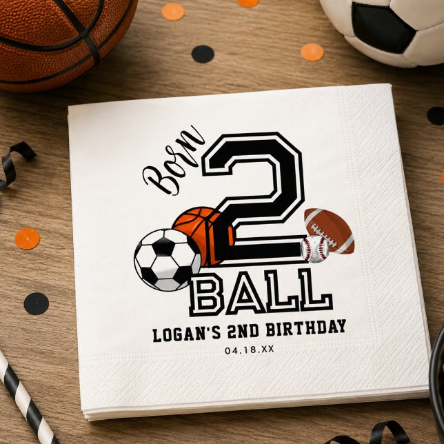 Servilleta De Papel Tema deportivo Born 2 Ball para fiesta de cumpleañ (Born 2 Ball Sports Theme Boy’s 2nd Birthday Party Napkins)