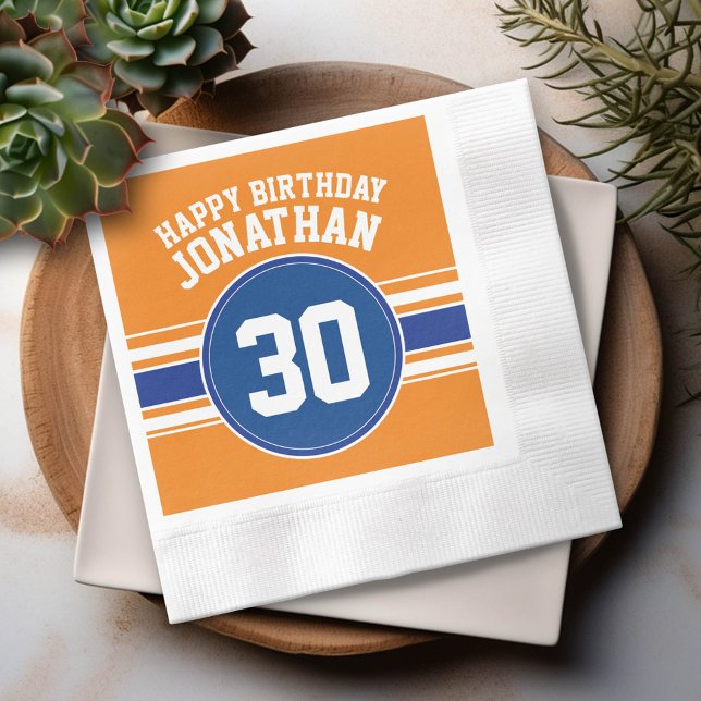 Servilleta De Papel Tema deportivo naranja y cumpleaños azul (Custom Party Napkins)