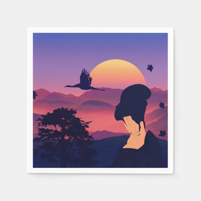 Servilleta De Papel Tema Japonés Geisha Tree Y Rising Sun (Anverso)