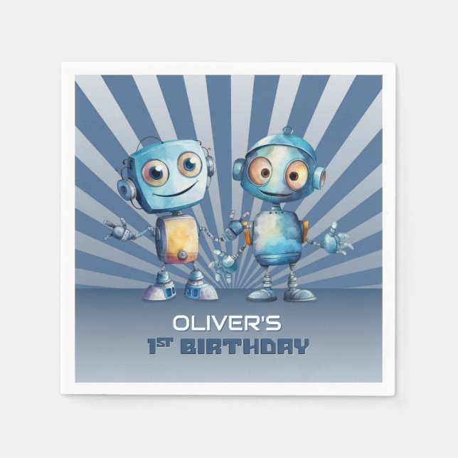 Servilleta De Papel Tema Robot Retro Azul Cumpleaños 1 (Anverso)