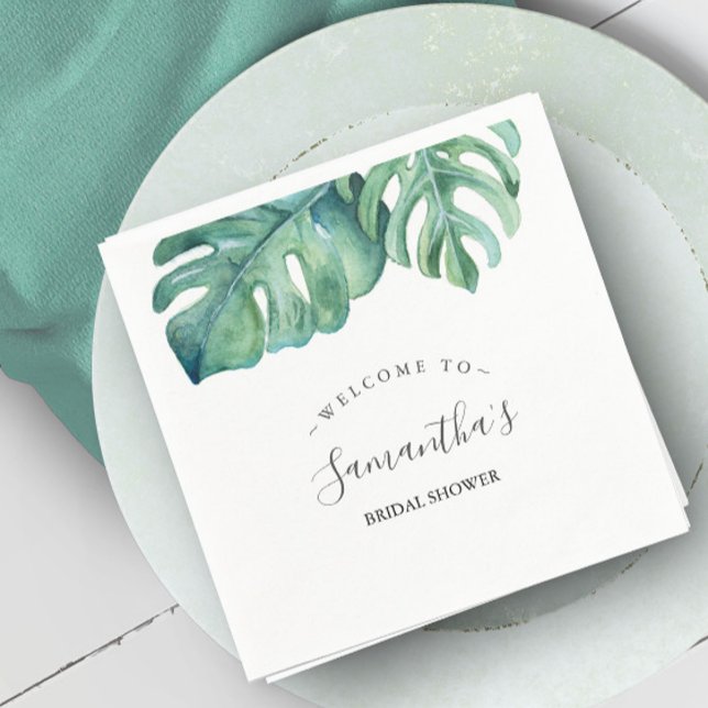 Servilleta De Papel Tema tropical Ducha de novia hojas de palmera (Personalized napkins tropical bridal shower watercolor monstera leaf by Victoria Grigaliunas)