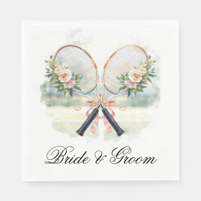 Servilleta De Papel Tennis Wedding Racket with Flowers Bride & Groom  (Anverso)