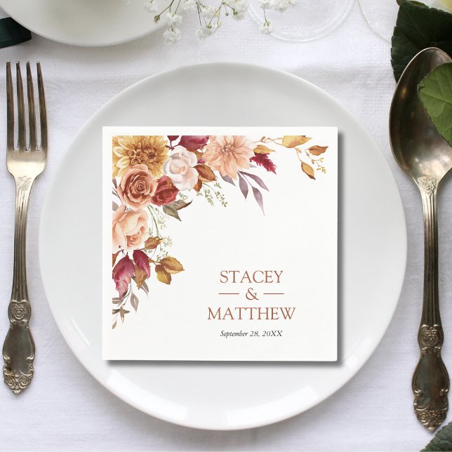 Servilleta De Papel Terracota Boho Flores Silvestres Boda (Terracotta boho wildflowers wedding napkins add warm rustic charm to cozy receptions.)