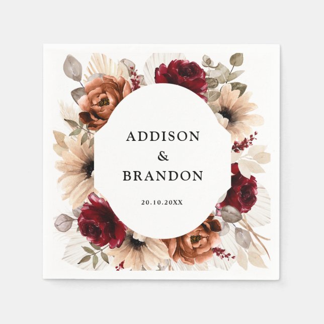 Servilleta De Papel Terracotta Burgundy Mauve Boda Geométrico Floral (Anverso)