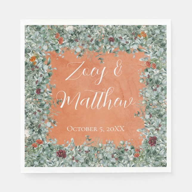 Servilleta De Papel Terracotta Eucalyptus Burgundy Orange Floral (Anverso)