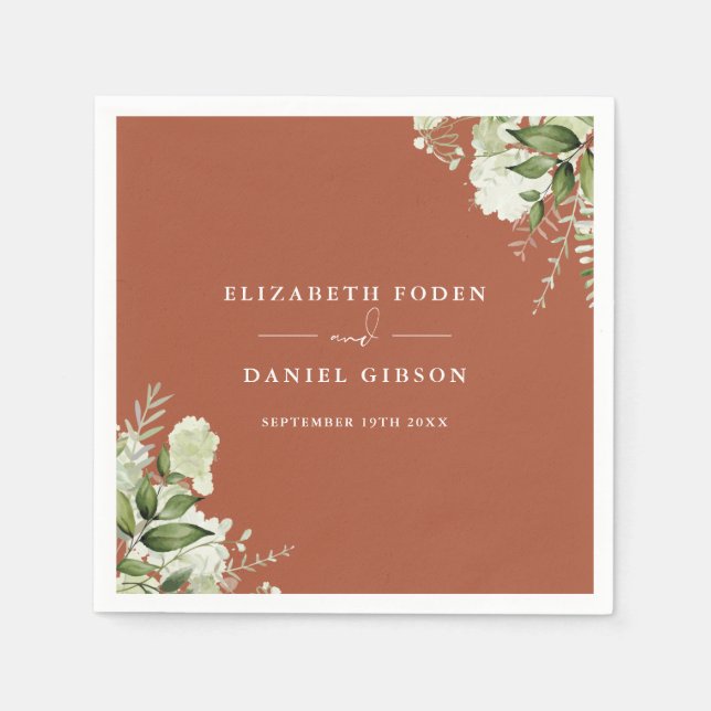 Servilleta De Papel Terracotta Greenery Floral Elegantes Nombres Fecha (Anverso)