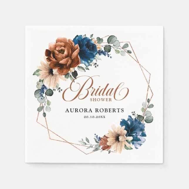 Servilleta De Papel Terracotta Navy Blue Greenery Bridal Shower (Anverso)