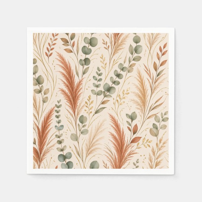 Servilleta De Papel Terracotta Pampas Grass Eucalyptus Neutral Boho (Anverso)