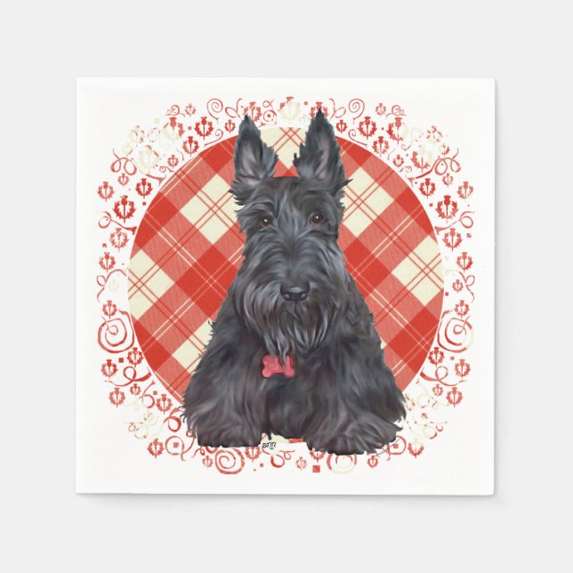 Servilleta De Papel Terrier Escocés sobre Tartán (Anverso)