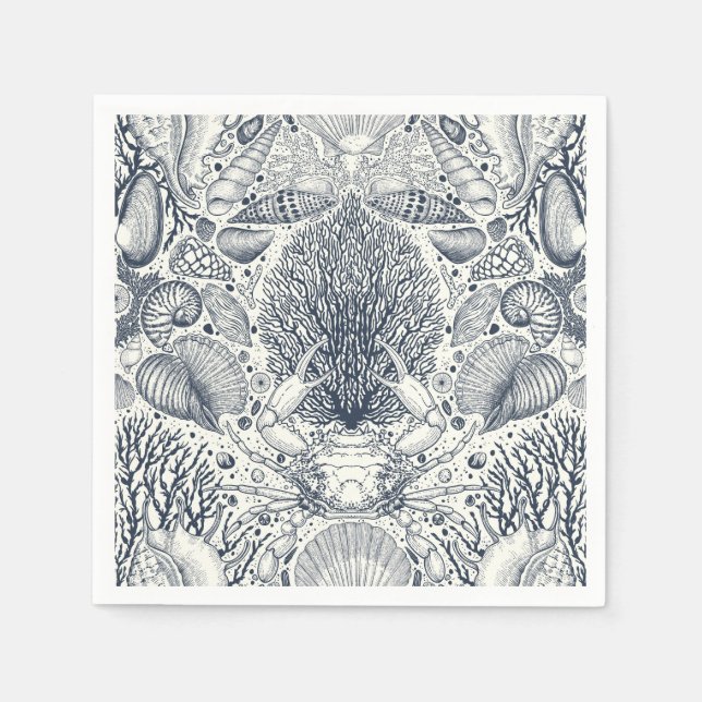 Servilleta De Papel Tesoros de playa, conchas marinas, cangrejos, cora (Anverso)