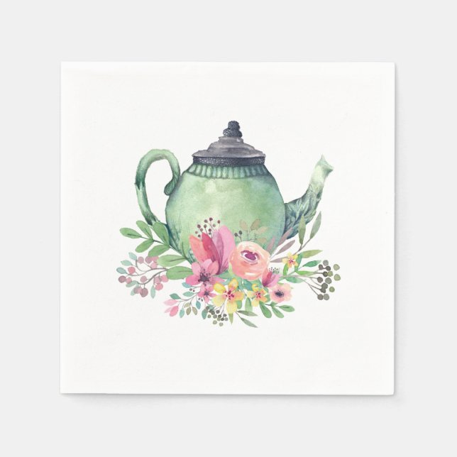 Servilleta De Papel Tetera acuarela verde y floral (Anverso)