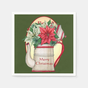 Servilleta De Papel Tetera antigua con Navidad de poinsettias 