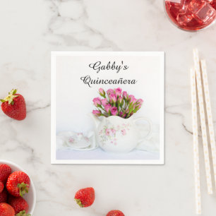 Servilleta De Papel Tetera con rosas rosadas Quinceañera