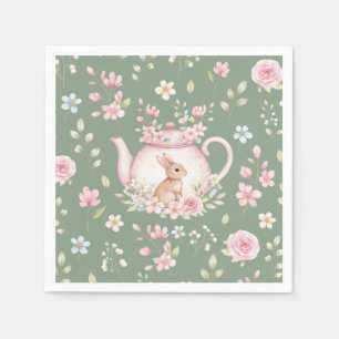 Servilleta De Papel Tetera conejito lindo floral rosa verde salvia pri