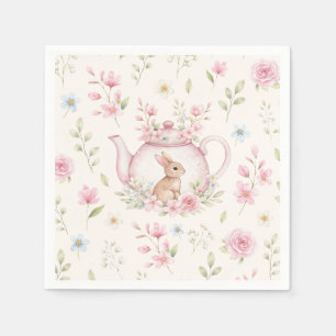 Servilleta De Papel Tetera conejito lindo flores rosadas primavera