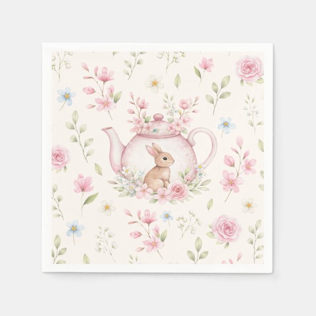 Servilleta De Papel Tetera conejito lindo flores rosadas primavera (Anverso)