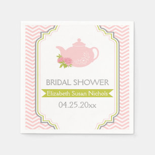 Servilleta De Papel Tetera fiesta de té, rosa chevron, boda verde