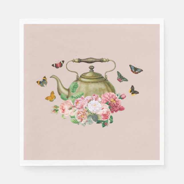 Servilleta De Papel Tetera Party Pink Floral & Mariposas Kettle (Anverso)