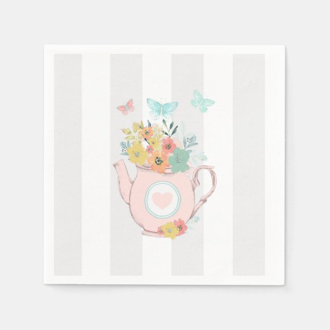 Servilleta De Papel Tetera rosa con flores y mariposas (Anverso)